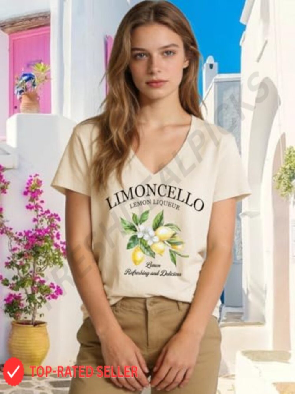 Lemon Graphic V Neck Short Sleeve Tee Cute Fun Loose Fit Casual - Picture 3 of 7